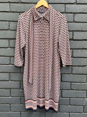 Max Edition Multicolor Geo Print Button 3/4 Sleeve Belted Shirt Dress L Red Blue